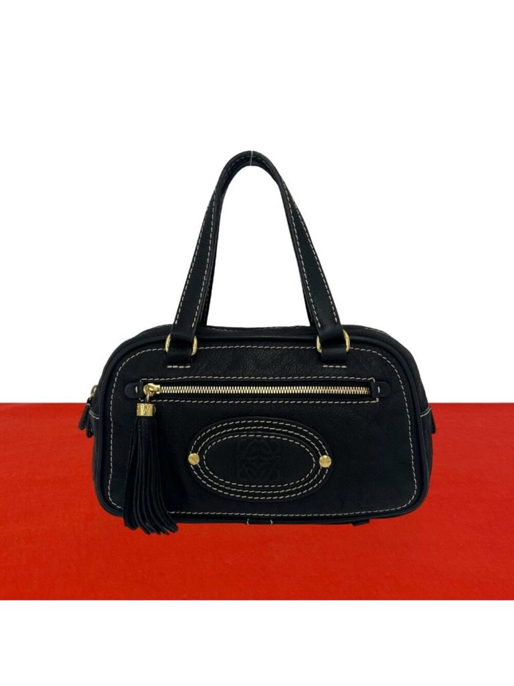 Loewe Anagram Fringe Leather Mini Boston Bag Tote Black